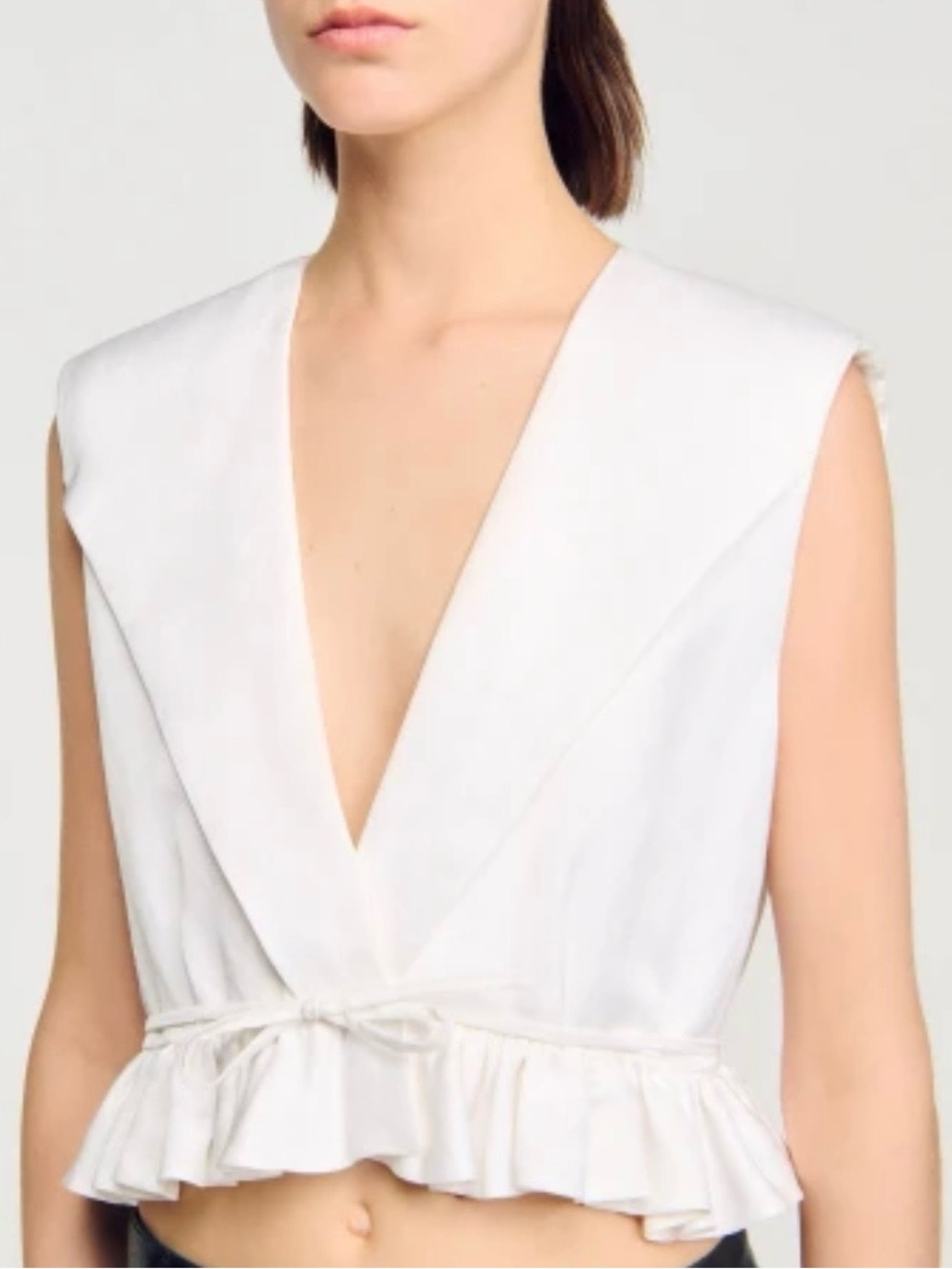 Sandro AnatoleStrapless White Deep V Ruffle-Hem Crop Top Dress